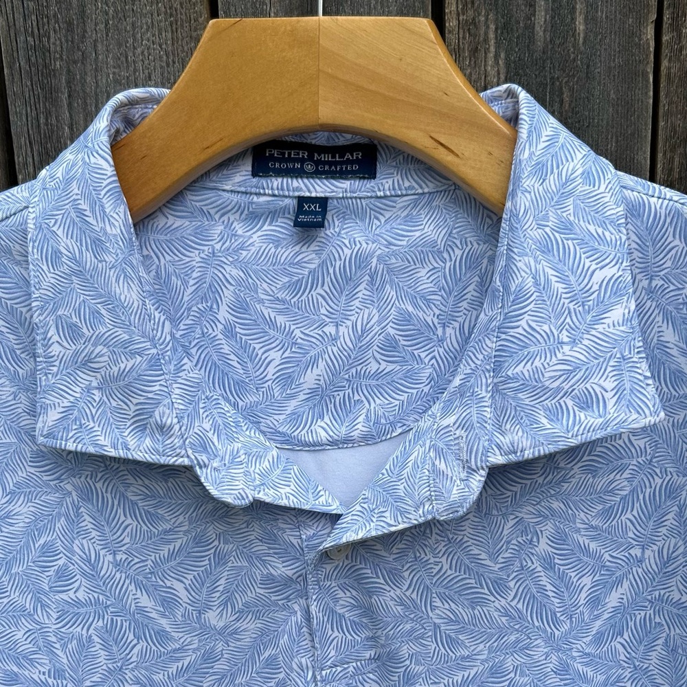 Peter Millar Performance Short Sleeve Jersey Polo Shirt Palm Leaf Blue White XXL - Picture 6 of 16